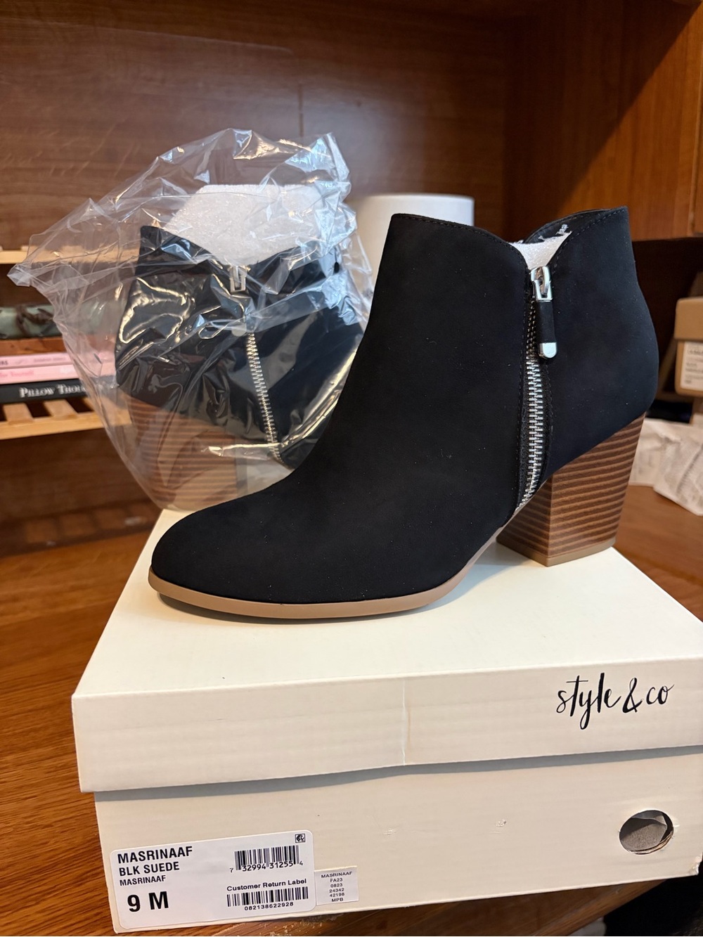 Style & Co. Black Suede Ankle Bootie with Side Zip and Stacked Heel